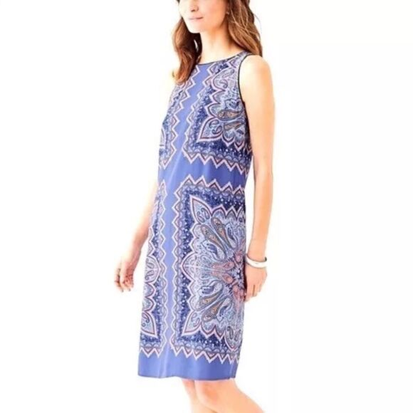 J. Jill Orange majestic blue Paisley rayon Shift Dress small petite Sleeveless - Picture 4 of 14
